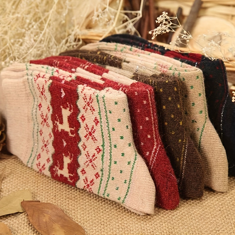 Christmas Elk Print Socks 5 Pairs Comfy & Mid Tube Women's Stockings