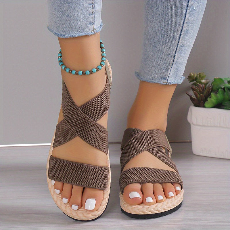 Women's Flat Sandals Open Toe Slip On Elastic Strap Casual Beach Sandals