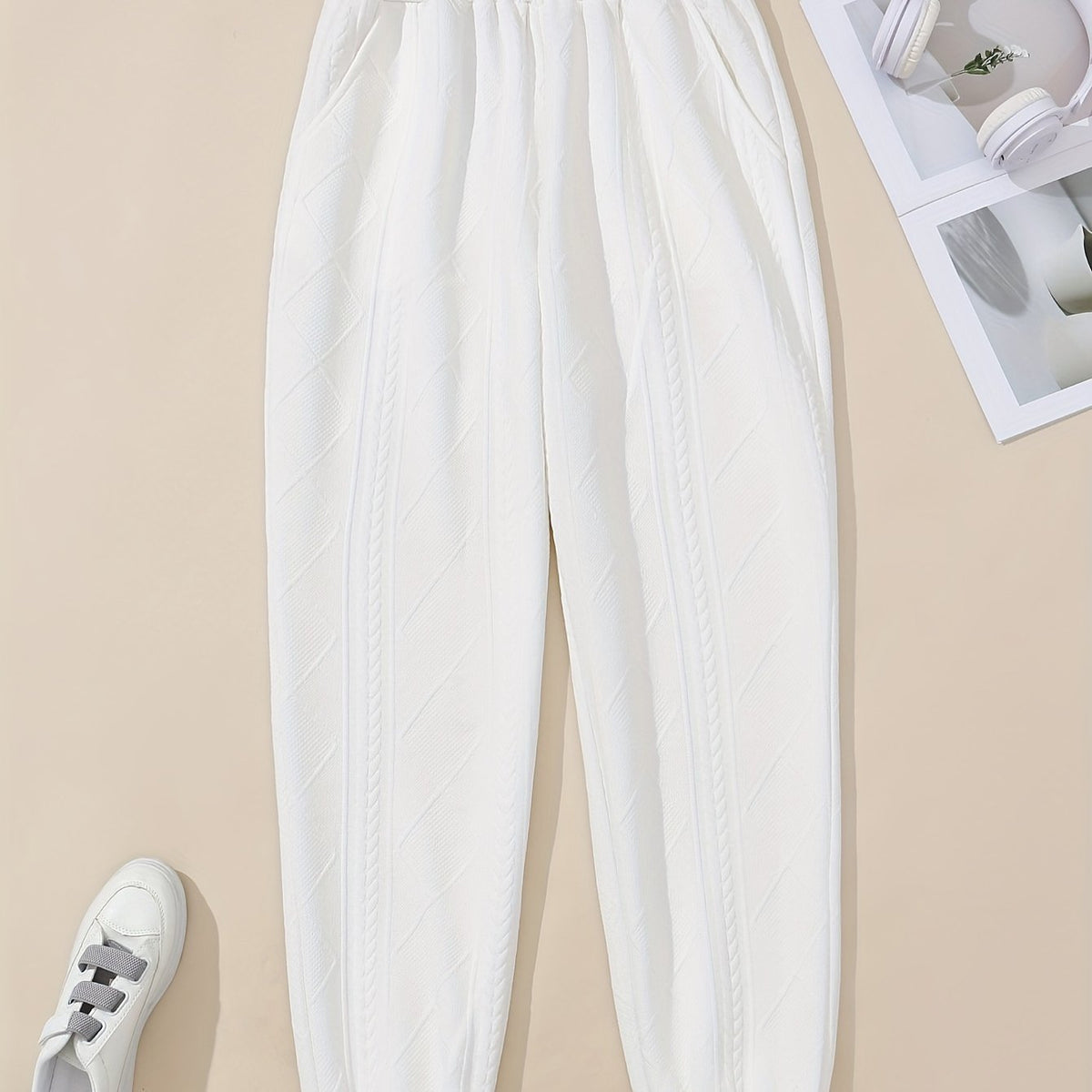  Sporty Pants Women's Plus Solid Textured Elastic Yoga Joggers