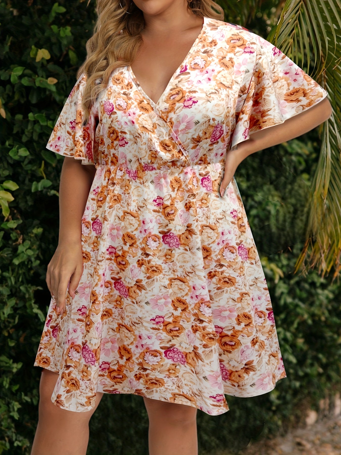  Floral Print Flutter Sleeve Midi Dress