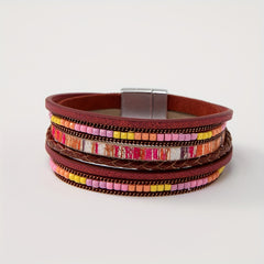 Colorful Boho PU Leather Wrap Bracelet Magnetic Buckle