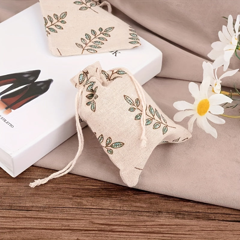 30pcs 14x10cm Drawstring Gift Bags Jewelry Storage Bags with Printed Leaf