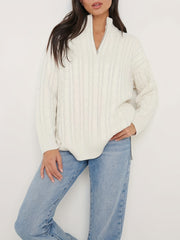  Solid Cable Zip Up Sweater
