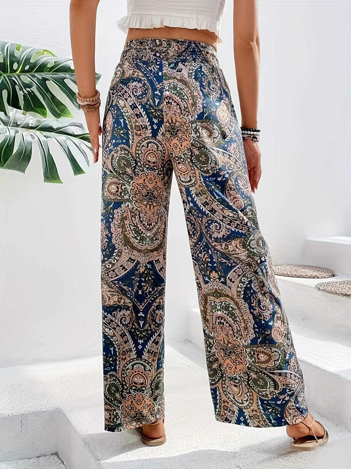  Geometric Print Drawstring Wide Leg Pants