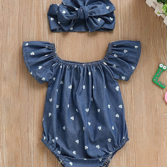 Girls Heart Print Romper & Bow Headband Set