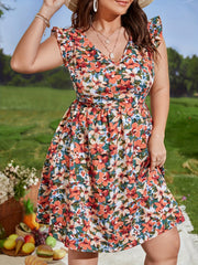 Floral Print Ruffle Sleeve V Neck Dress