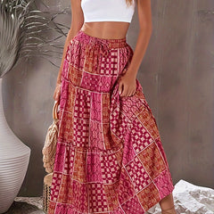  Boho Skirt Patchwork Print High Rise Maxi Skirt