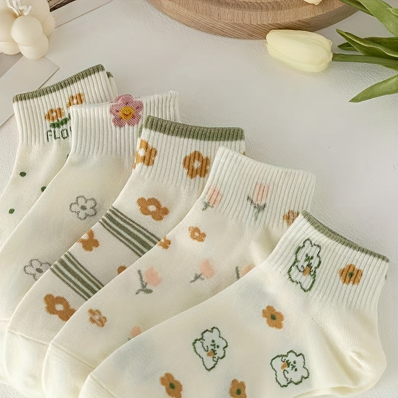 5 Pairs Floral & Bunny Print Socks Women's Stockings & Hosiery