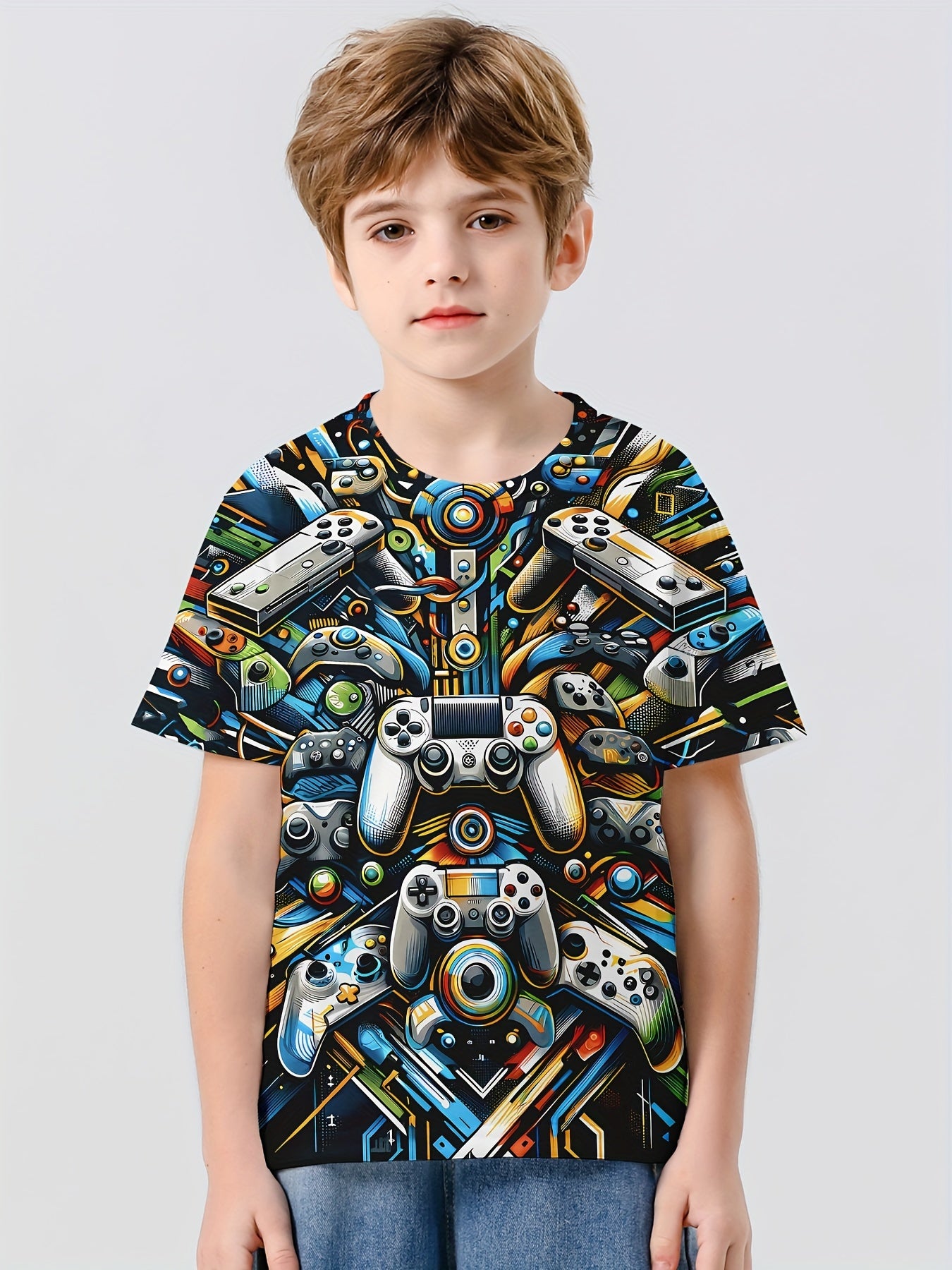 Gamepad 3D Print Boy's Casual Tee Short Sleeve Crew Neck T-shirt Kids