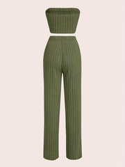 Y2K Ribbed Knit Two-piece Set Off Shoulder Crop Top & High Waist Pants
