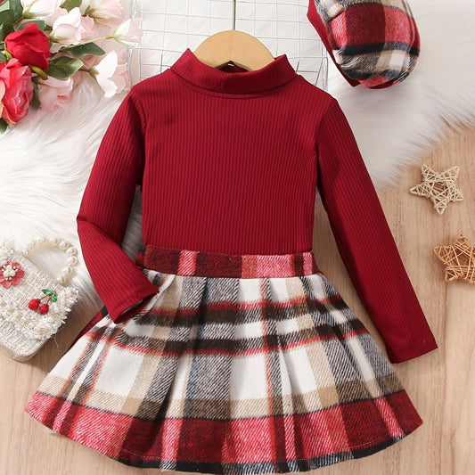 Girl's Preppy Style Outfit 3pcs Set Ribbed Turtleneck Top & Beret & Plaid Skirt