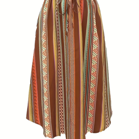  Boho Maxi Skirt Women's Tribal Striped Elastic Waist Pleated