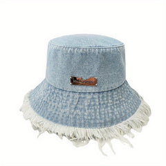 Distressed Denim Bucket Hat Sunshade Cap for Women