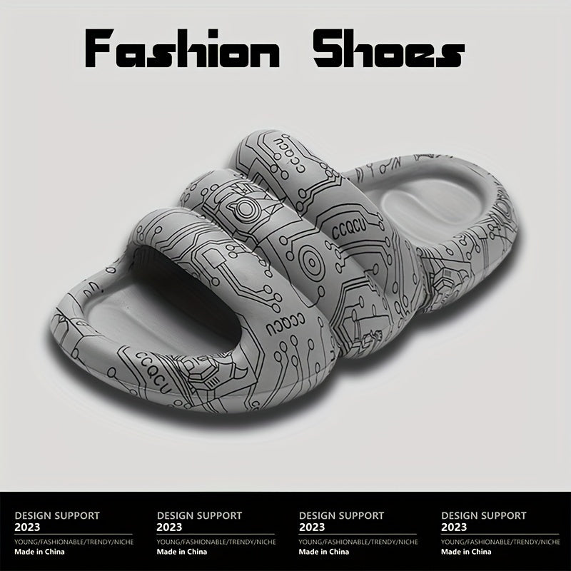 Men's Graffiti Print Non Slip Platform Slides Cloud Slides