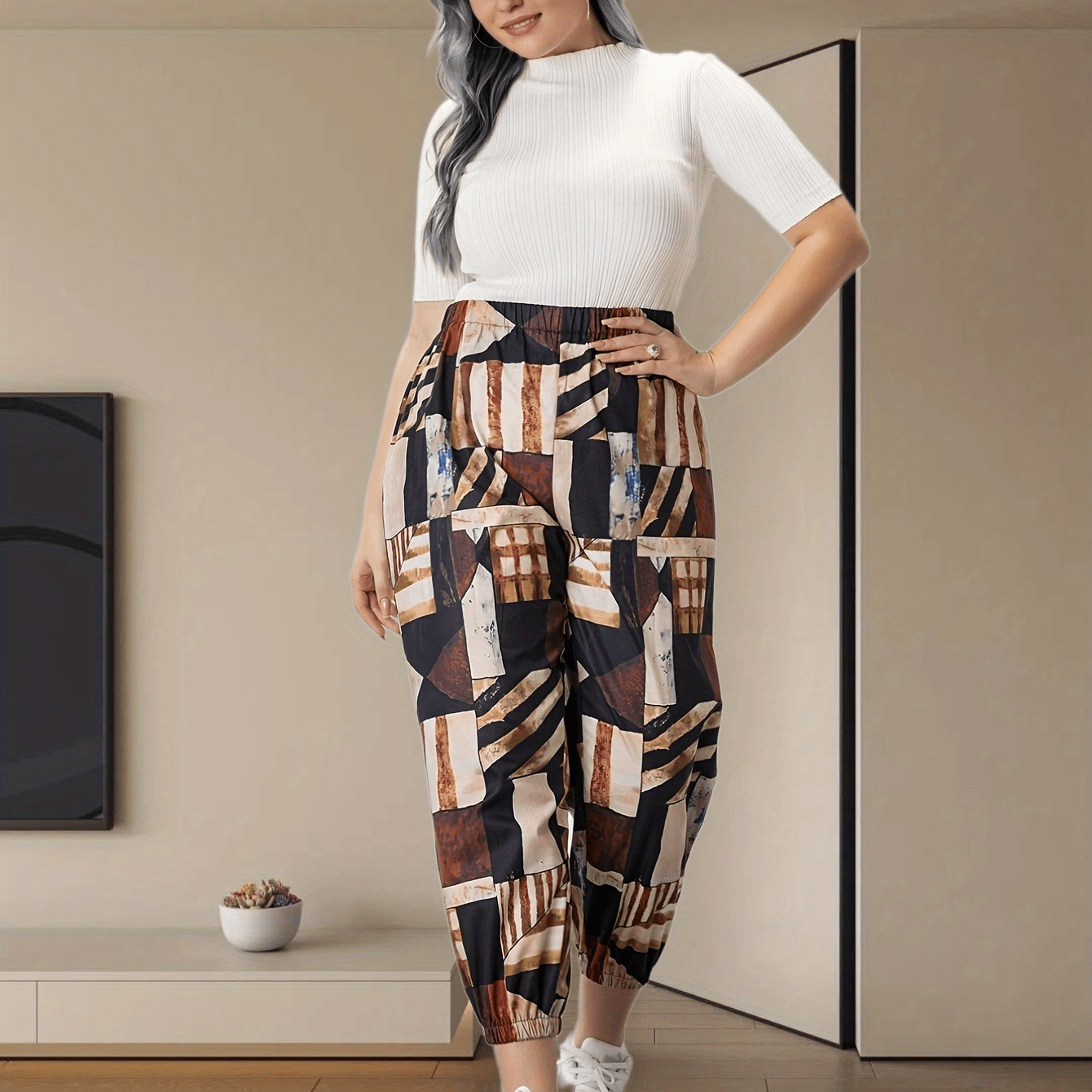  Colorblock Print Elastic Tapered Leg Pants