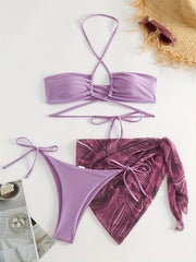 Lace Up Bikini Set & Print Cover Up Wrap