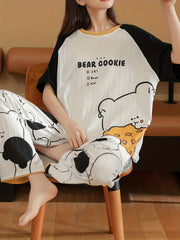 Bear Print Pajama Set Short Sleeve Top & Pants Women's Sleepwear
