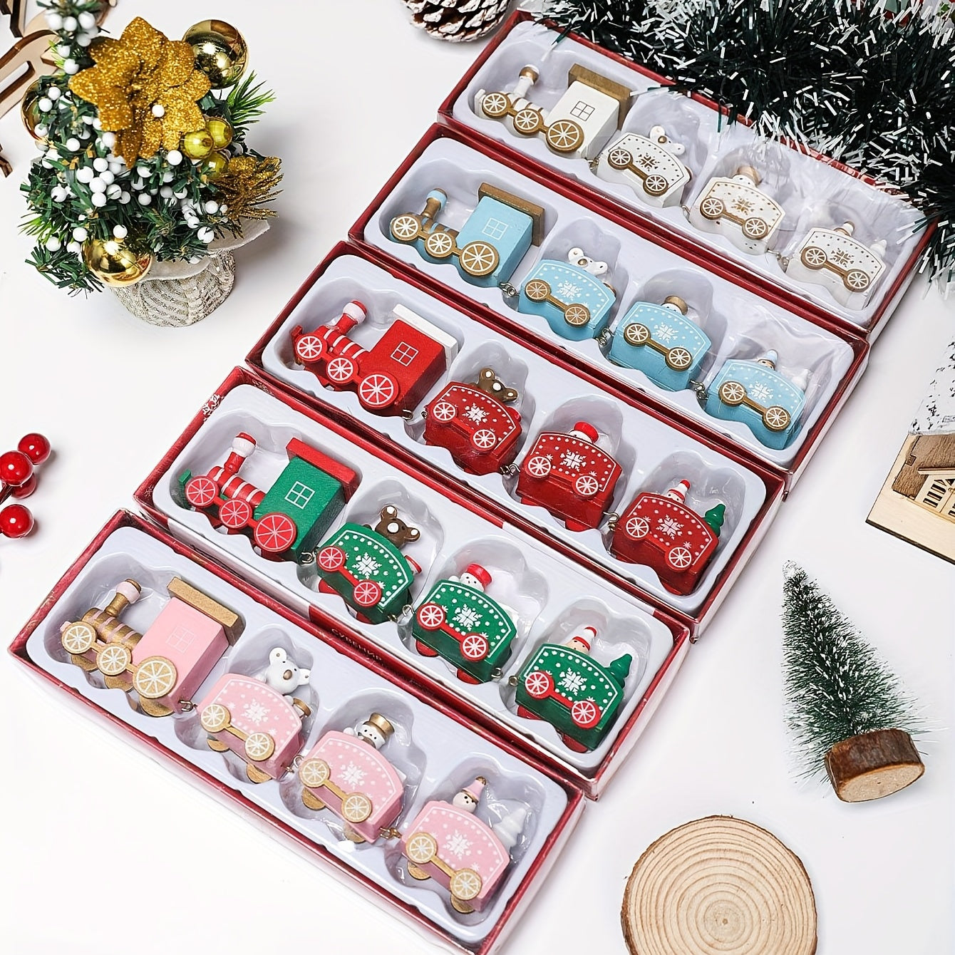 1pc Christmas Wooden Train Ornament Window Garden Tabletop Decoration