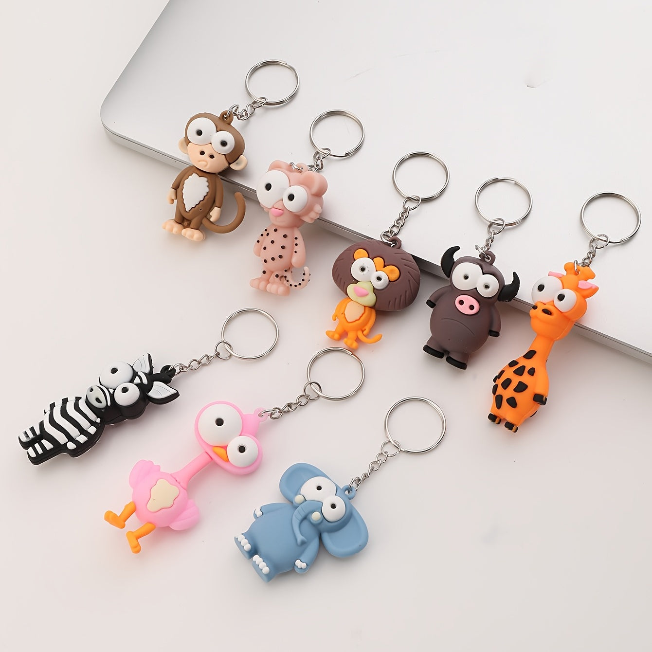 8pcs Big Eye Animal Keychain PVC Elephant Monkey Cow Deer Bag Key Chain