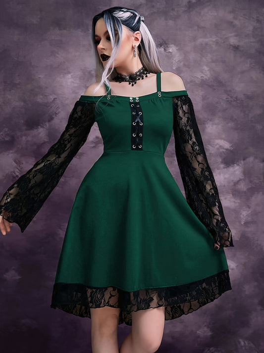 Gothic Dress Contrast Lace Grommet Lace Up Cold Shoulder