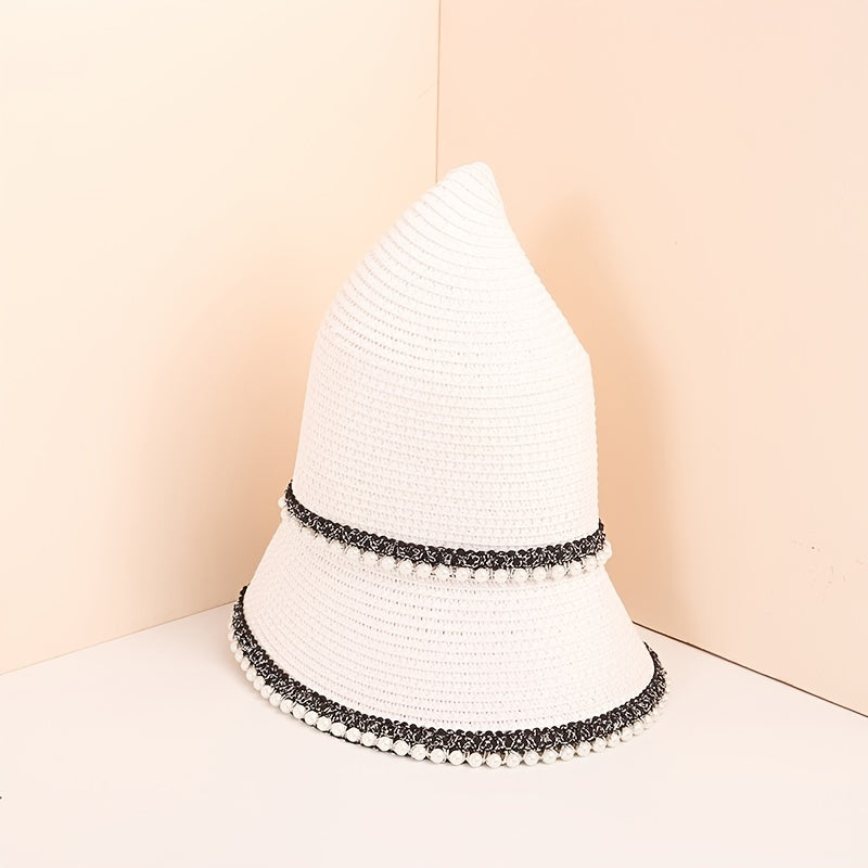 Faux Pearl Decor Sun Hat Flat Top Jazz Fedora Cap Women