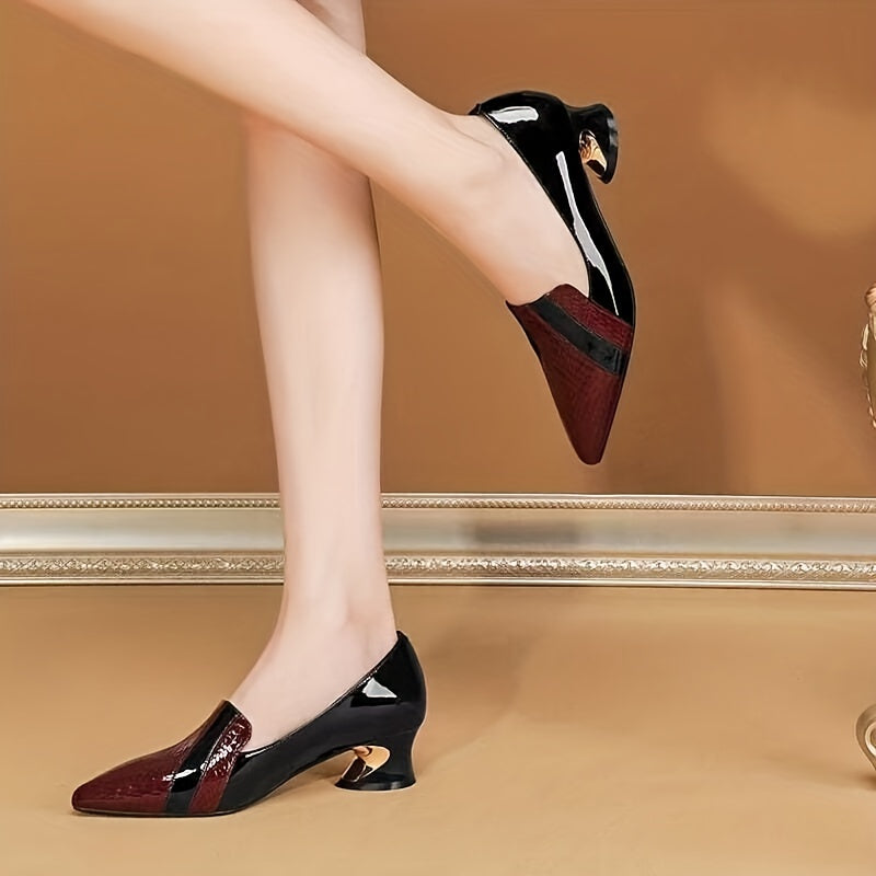 Women's Pointed Toe Slip On Heels Patent Leather Mid Heels