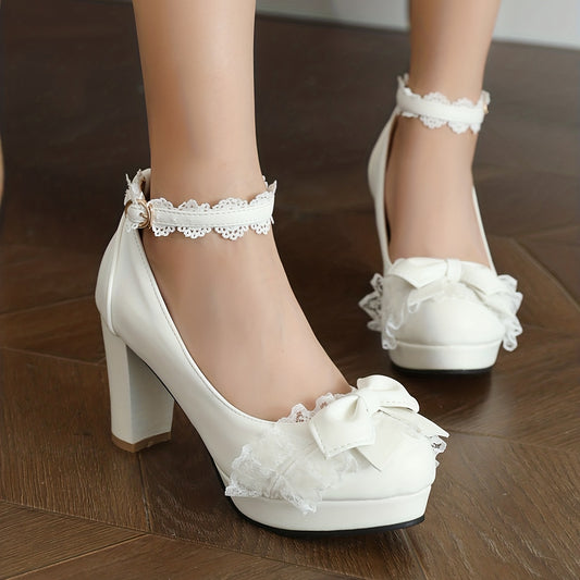 Women's Lace Bowknot Block High Heels Round Toe Ankle Strap Pumps