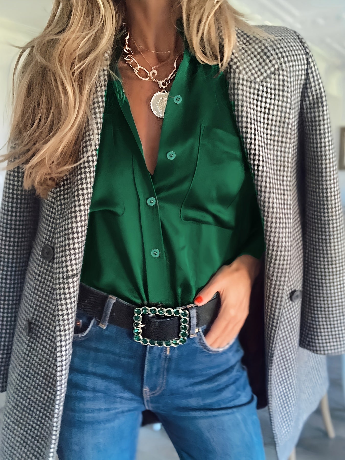  Solid Satin Button Up Long Sleeve Blouse
