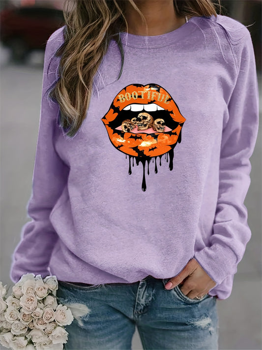 Lip Print Sweatshirt Long Sleeve Crew Neck Casual Pullover