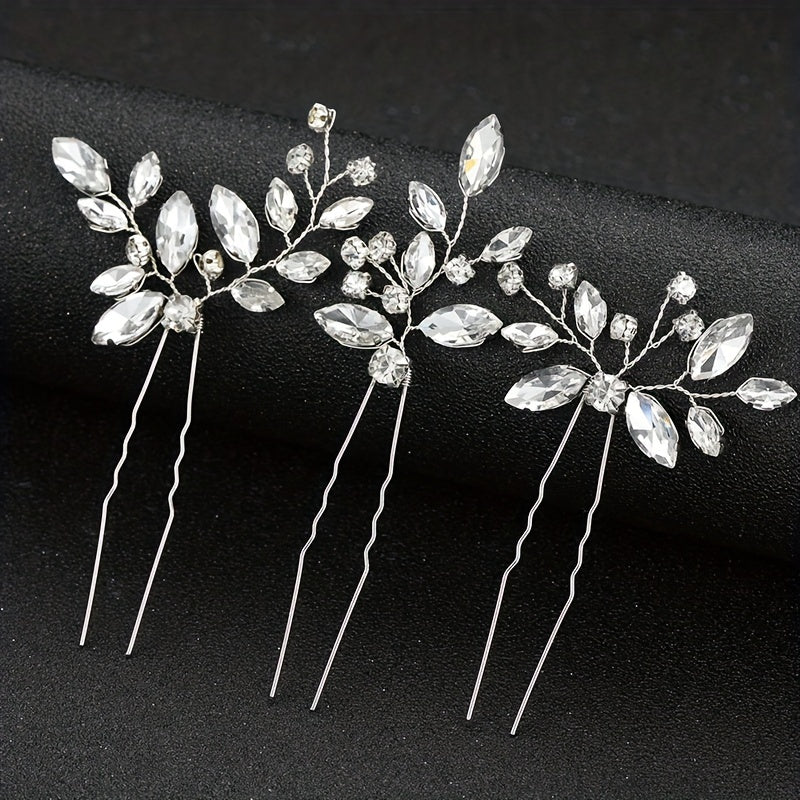 3pcs Crystal Rhinestone Hair Pins Bridal U Shaped Clips Wedding Accessories