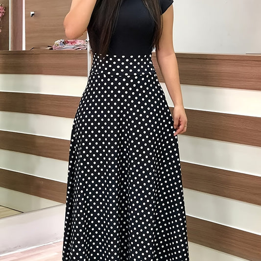 Splicing Crew Neck Dress Short Sleeve Pleated Maxi Dress Women's Clothing