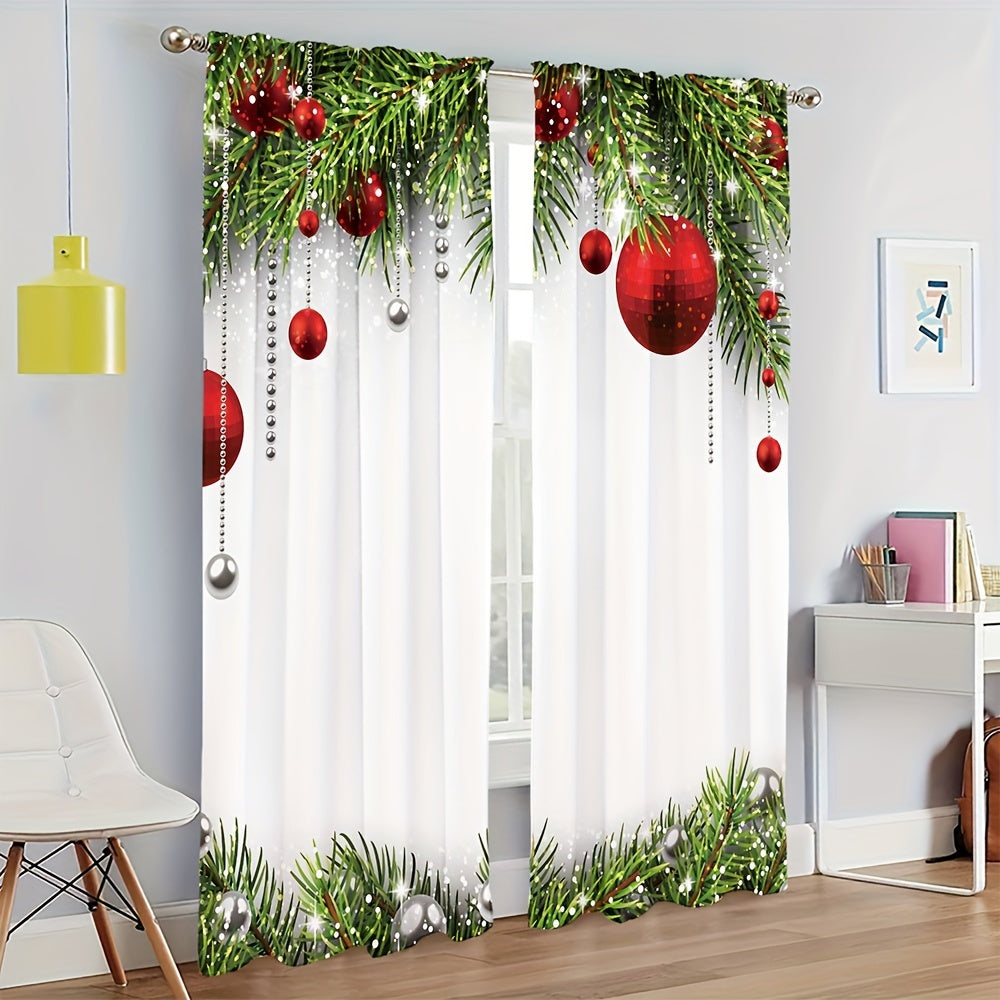 Christmas Red Ball Curtain Pine Leaves Rod Pocket Curtains