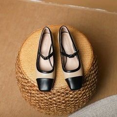 Colorblock Chunky Heels Square Toe Pumps Buckle Strap Dress Shoes