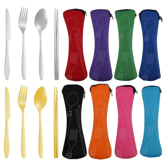 4pcs Stainless Steel Tableware Set Pointed Handle for Outdoor Travel Student