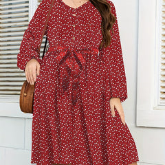Heart Print Lantern Sleeve V Neck Dress With Belt