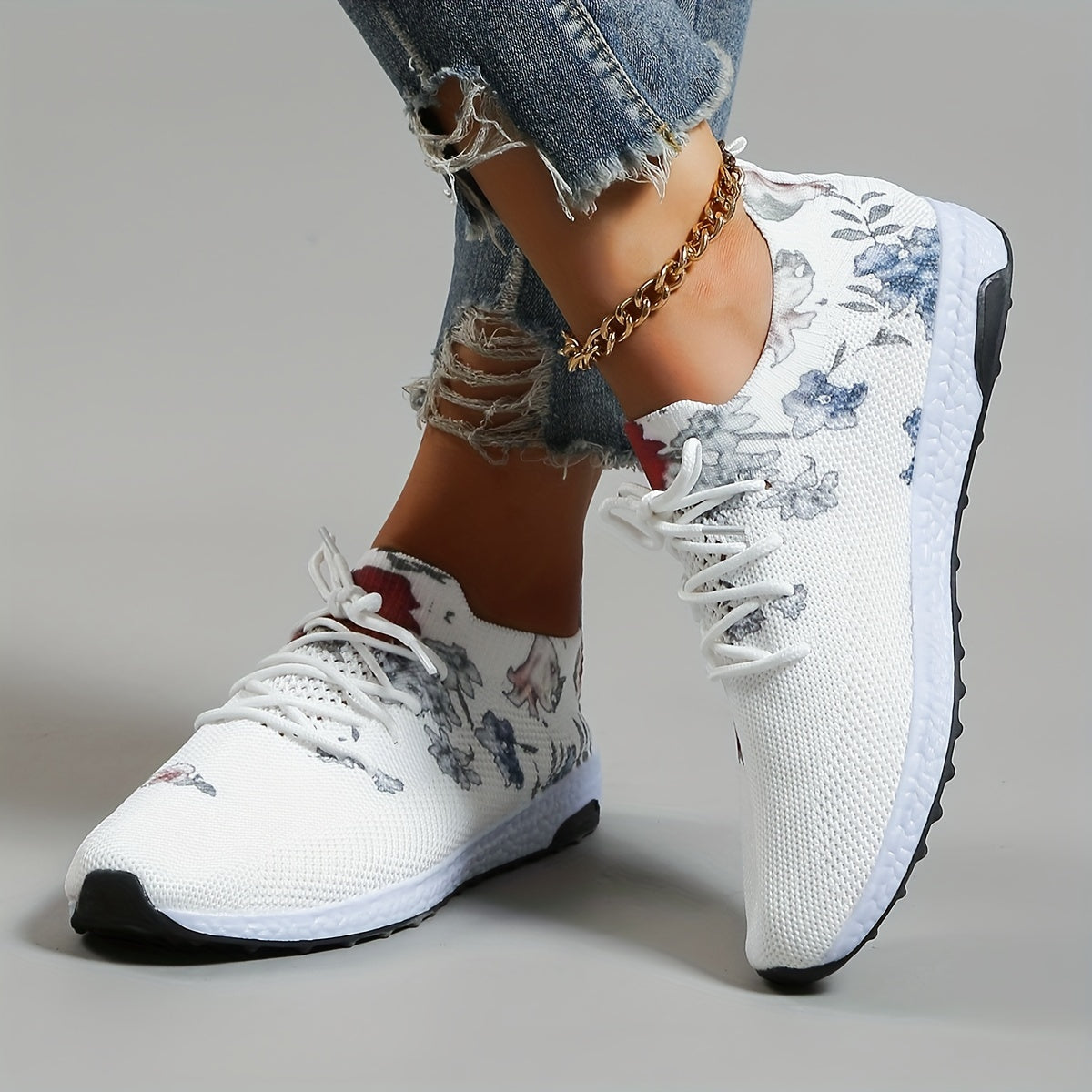 Women's Floral Sneakers Lace Up Non slip Casual Shoes