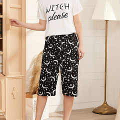 Letter Print Lounge Set Short Sleeve Crew Neck Top & Elastic Waistband Shorts