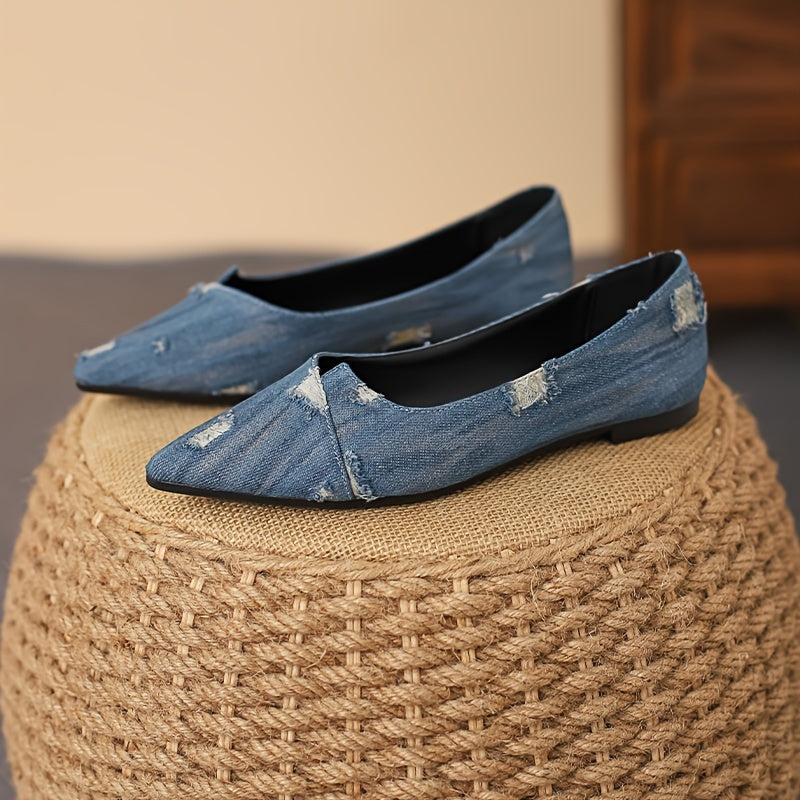 Women's Ripped Denim Flat Shoes Slip On Lightweight Walking Shoes
