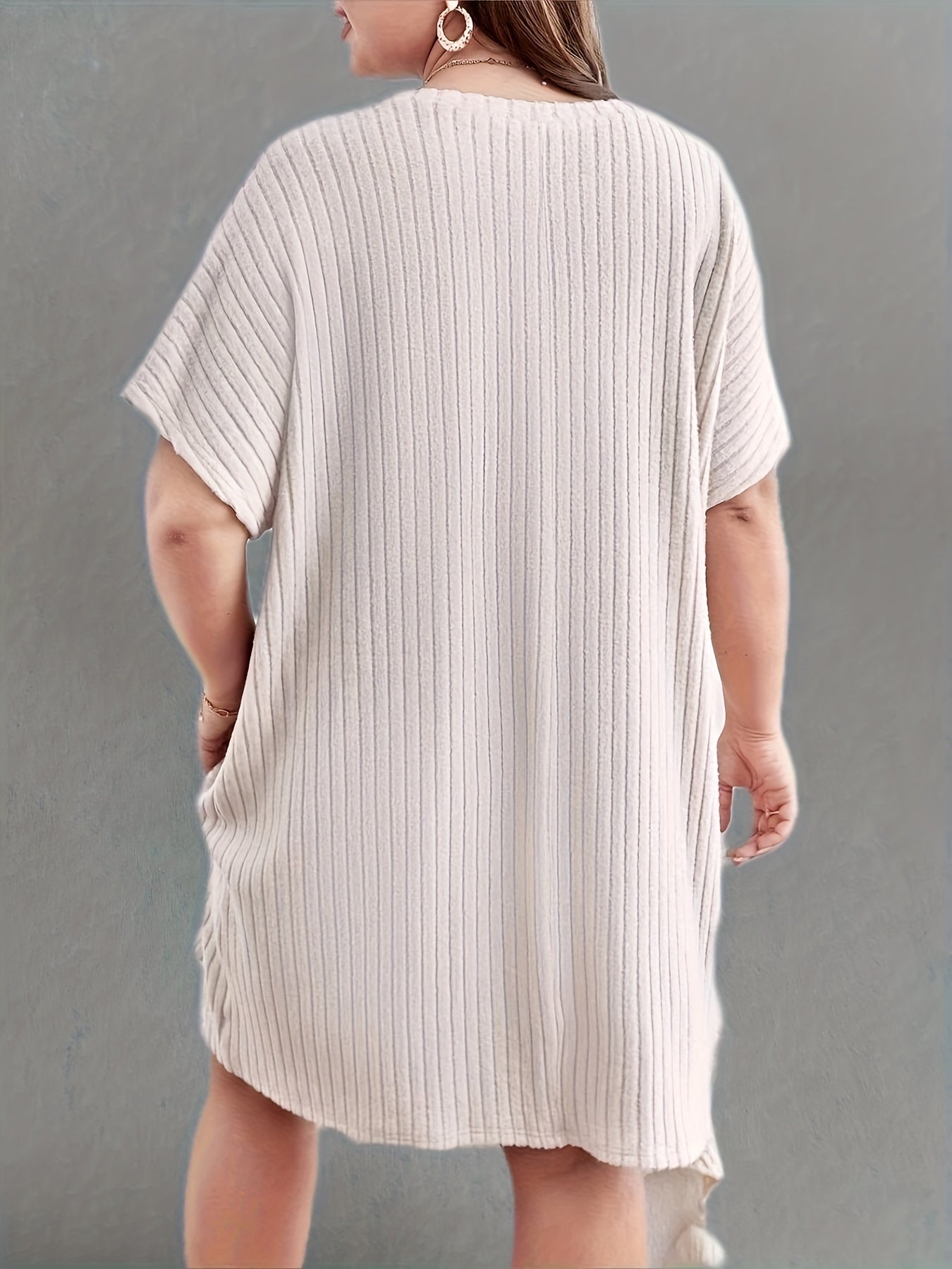 Women's Plus Solid Ribbed Batwing Sleeve Round Neck Loose Fit Dress