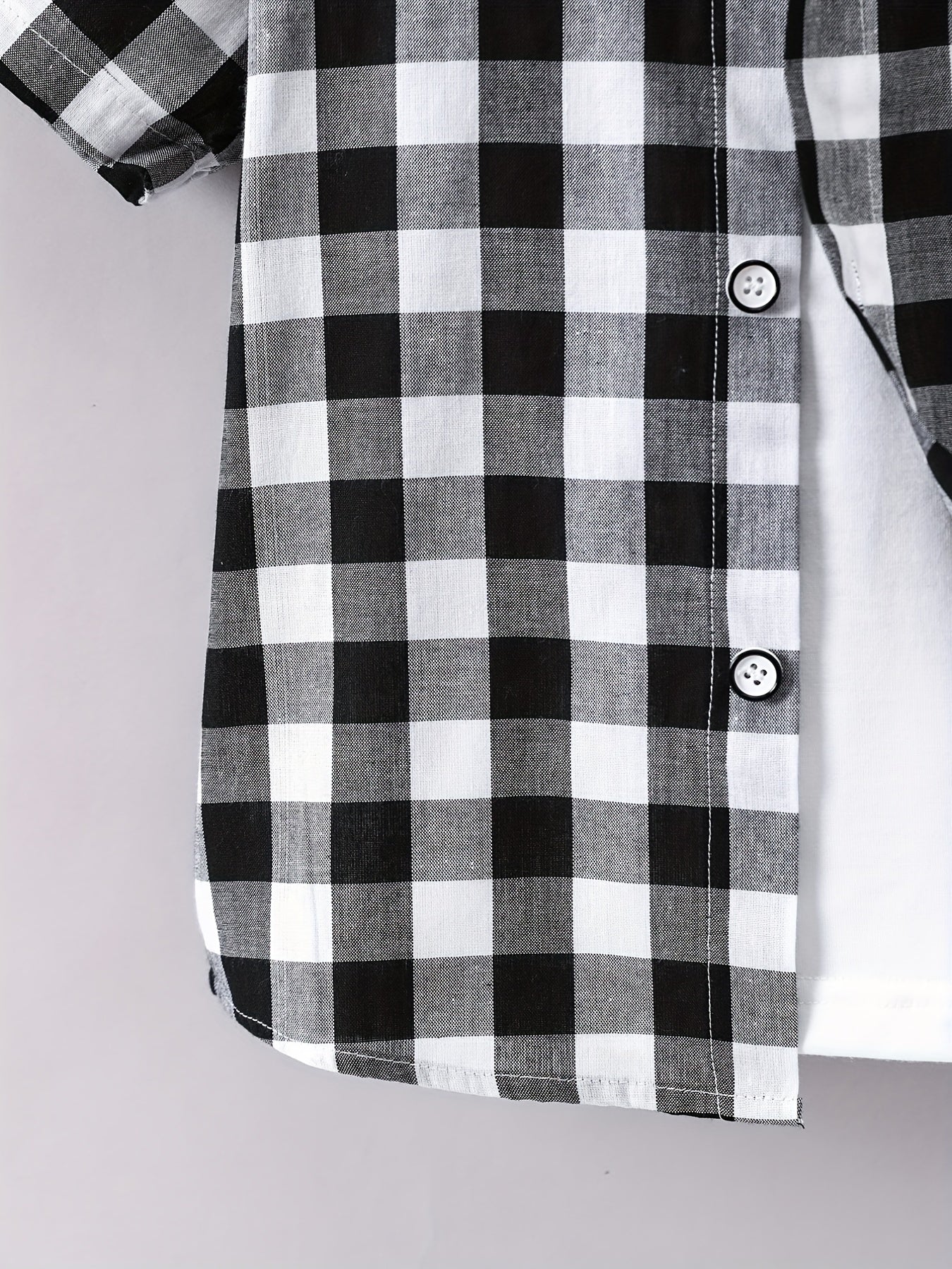 Boys Black Plaid Print Shirt Lightweight Short Sleeve Top