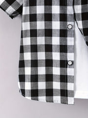 Boys Black Plaid Print Shirt Lightweight Short Sleeve Top