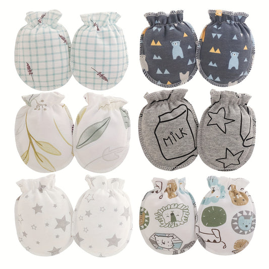 6pairs Newborn Infant Cartoon Animal Stars Graphic Breathable Mittens