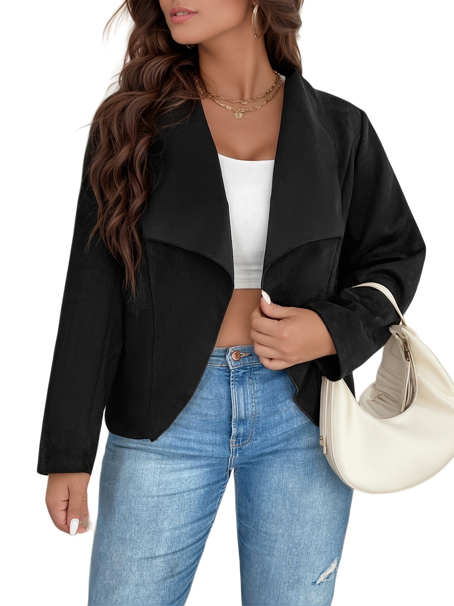  Women's Solid Open Front Waterfall Collar Blazer