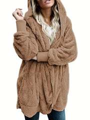 Solid Hooded Fuzzy Coat Long Sleeve Open Front Coat