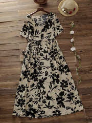 Women's Plus Floral Print V Neck Stretch Dress With Pockets