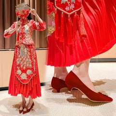 Red Pointed Toe Low Heel Pumps with Faux Pearls