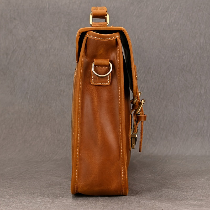 Men's Cowhide Leather Briefcase Flap Laptop Bag Crazy Horse Leather Shoulder Bus