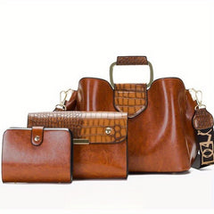 3-Pc Crocodile Pattern Bag Set Vintage Shoulder & Clutch Purse Credit Case