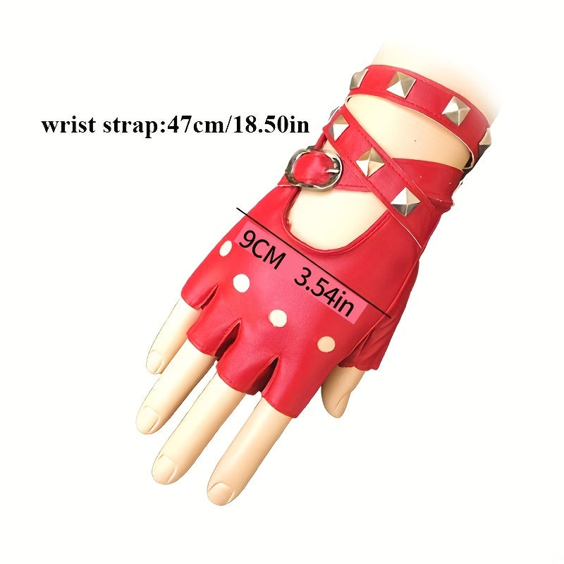 Punk PU Leather Half Finger Gloves Rivet Gothic Hollow Out Gloves Women