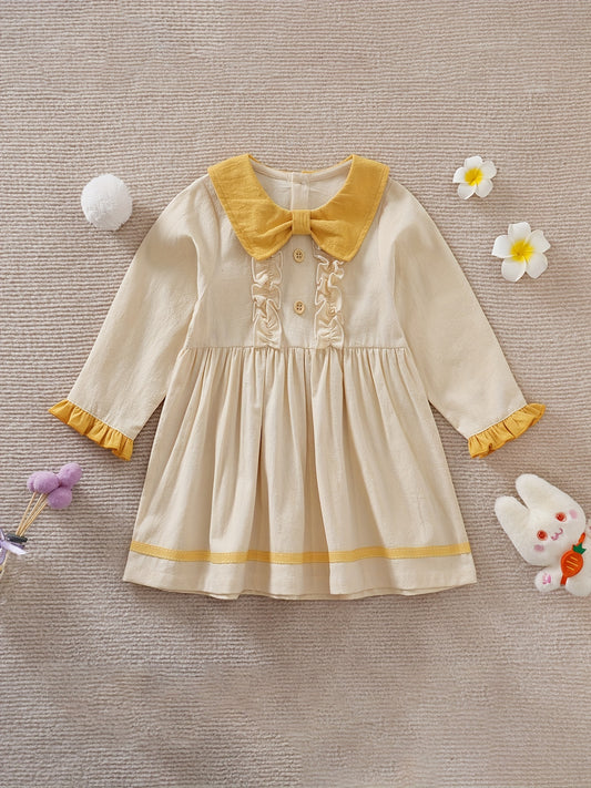 Ruffle Trim Long Sleeve Baby Girls Pleated Dress